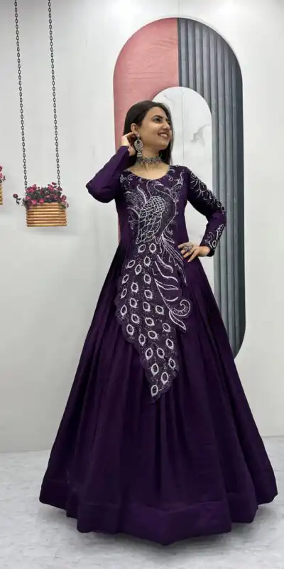 PC 564 Dark Purple Vichitra Silk Gown Perfect for Wedding, Party, Holi, Anniversary, Mehendi –. Grab it for ₹2049. Delivery 4-6 Working Days. Shop now. | Bollywood Gowns, Creative Gowns, Designer Gowns, Embroidered Gowns, Gowns, Party Wear Gowns