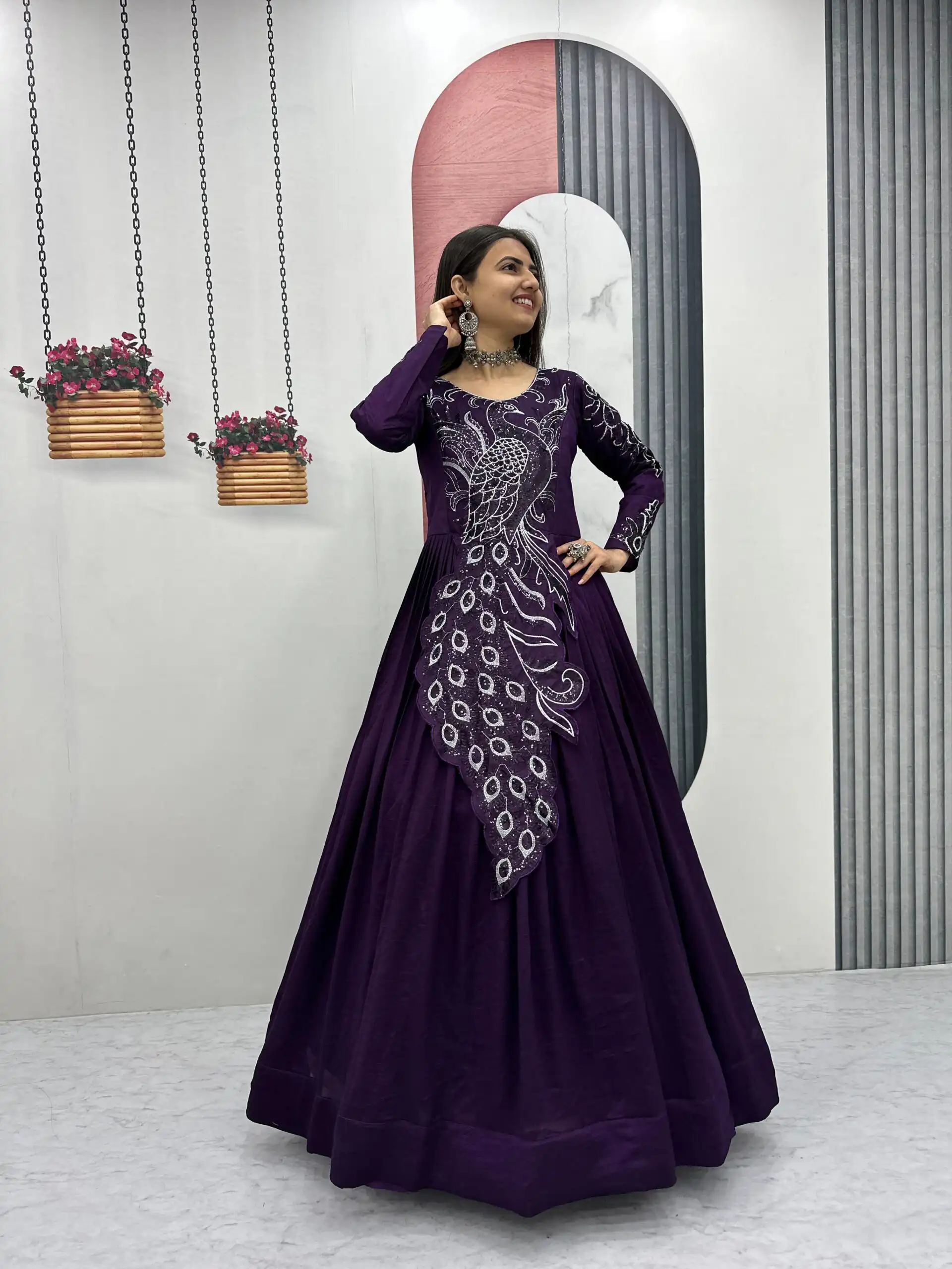 PC 564 Dark Purple Vichitra Silk Gown Perfect for Wedding, Party, Holi, Anniversary, Mehendi –. Grab it for ₹2049. Delivery 4-6 Working Days. Shop now. | Bollywood Gowns, Creative Gowns, Designer Gowns, Embroidered Gowns, Gowns, Party Wear Gowns