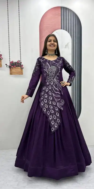 PC 564 Dark Purple Vichitra Silk Gown Perfect for Wedding, Party, Holi, Anniversary, Mehendi –. Grab it for ₹2049. Delivery 4-6 Working Days. Shop now. | Bollywood Gowns, Creative Gowns, Designer Gowns, Embroidered Gowns, Gowns, Party Wear Gowns