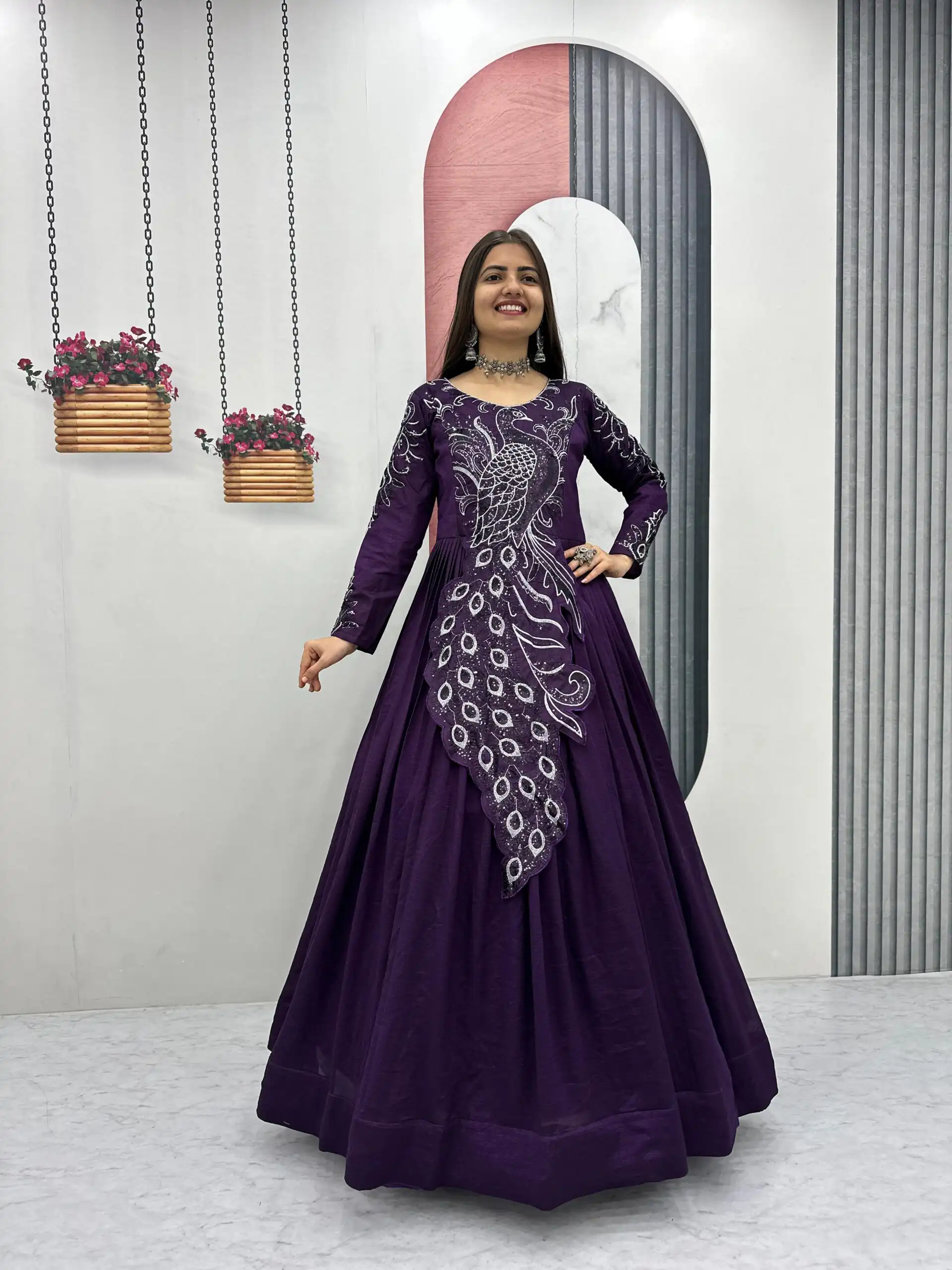 PC 564 Dark Purple Vichitra Silk Gown Perfect for Wedding, Party, Holi, Anniversary, Mehendi –. Grab it for ₹2049. Delivery 4-6 Working Days. Shop now. | Bollywood Gowns, Creative Gowns, Designer Gowns, Embroidered Gowns, Gowns, Party Wear Gowns