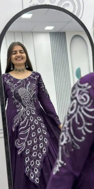 PC 564 Dark Purple Vichitra Silk Gown Perfect for Wedding, Party, Holi, Anniversary, Mehendi –. Grab it for ₹2049. Delivery 4-6 Working Days. Shop now. | Bollywood Gowns, Creative Gowns, Designer Gowns, Embroidered Gowns, Gowns, Party Wear Gowns