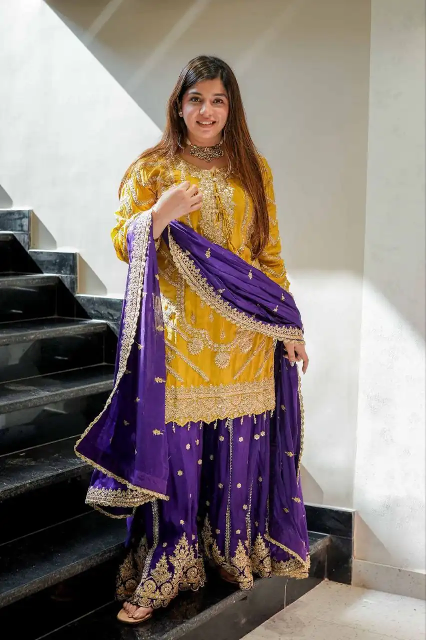 ZS 7001 Yellow Chinon Silk Salwar Suit with Embroidery Work & Lace Work. Affordable Price ₹2499. Delivery 4-6 Working Days. Shop now. | Jump Suits, Straight Suits, Casual Suits, Creative suits, Designer Suits, Palazzo Suits, Party Wear Suits, Patiala Suits, Salwar suit