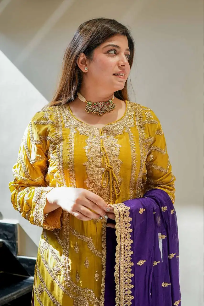 ZS 7001 Yellow Chinon Silk Salwar Suit with Embroidery Work & Lace Work. Affordable Price ₹2499. Delivery 4-6 Working Days. Shop now. | Jump Suits, Straight Suits, Casual Suits, Creative suits, Designer Suits, Palazzo Suits, Party Wear Suits, Patiala Suits, Salwar suit