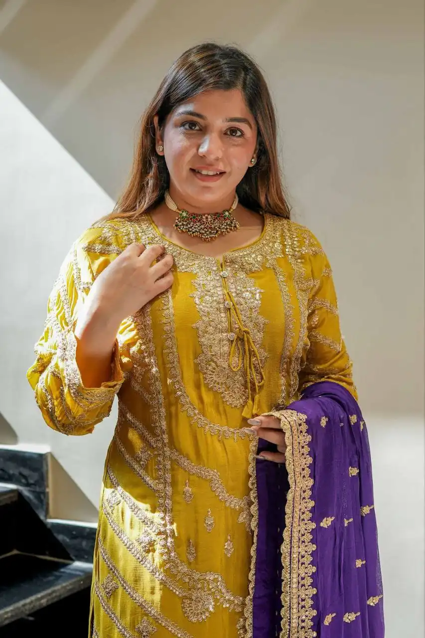 ZS 7001 Yellow Chinon Silk Salwar Suit with Embroidery Work & Lace Work. Affordable Price ₹2499. Delivery 4-6 Working Days. Shop now. | Jump Suits, Straight Suits, Casual Suits, Creative suits, Designer Suits, Palazzo Suits, Party Wear Suits, Patiala Suits, Salwar suit