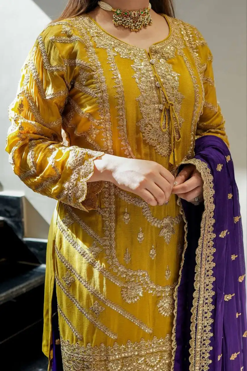 ZS 7001 Yellow Chinon Silk Salwar Suit with Embroidery Work & Lace Work. Affordable Price ₹2499. Delivery 4-6 Working Days. Shop now. | Jump Suits, Straight Suits, Casual Suits, Creative suits, Designer Suits, Palazzo Suits, Party Wear Suits, Patiala Suits, Salwar suit