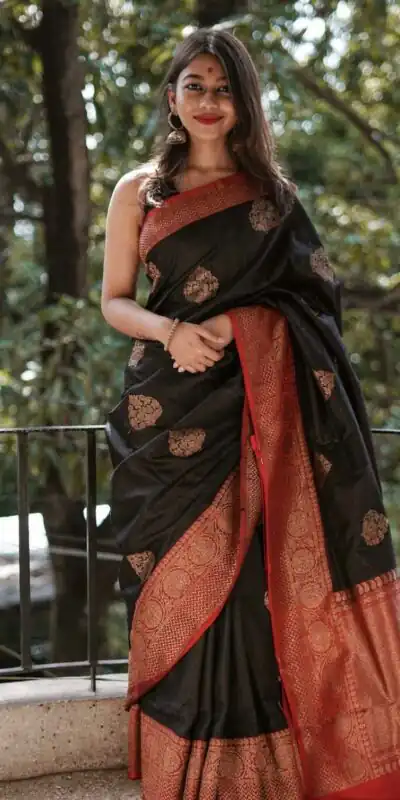 KPR 282 Black Soft Lichi Silk Saree Perfect for Wedding, Party, Reception, Diwali, Ethnic Day – . Affordable Price ₹1449. Delivery 4-6 Working Days. | Bollywood Sarees, Creative Sarees, Designer Sarees, Embroidered Sarees, Ethnic Saree, Modern Digital sarees, Party Wear Sarees, Sarees