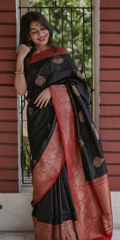 KPR 282 Black Soft Lichi Silk Saree Perfect for Wedding, Party, Reception, Diwali, Ethnic Day – . Affordable Price ₹1449. Delivery 4-6 Working Days. | Bollywood Sarees, Creative Sarees, Designer Sarees, Embroidered Sarees, Ethnic Saree, Modern Digital sarees, Party Wear Sarees, Sarees