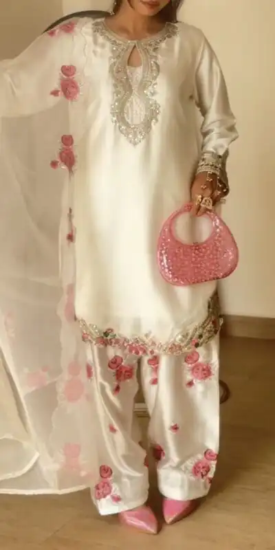 MD 3081 Off White Japan Satin Salwar Suit Perfect for Wedding, Party, Durga Puja, Traditional Day, Temple Visit – . Introductory Price ₹2549. Deli | Jump Suits, Straight Suits, Casual Suits, Creative suits, Designer Suits, Palazzo Suits, Party Wear Suits, Patiala Suits, Salwar suit