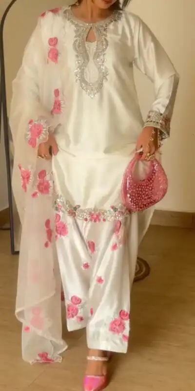 MD 3081 Off White Japan Satin Salwar Suit Perfect for Wedding, Party, Durga Puja, Traditional Day, Temple Visit – . Introductory Price ₹2549. Deli | Jump Suits, Straight Suits, Casual Suits, Creative suits, Designer Suits, Palazzo Suits, Party Wear Suits, Patiala Suits, Salwar suit