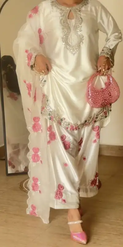 MD 3081 Off White Japan Satin Salwar Suit Perfect for Wedding, Party, Durga Puja, Traditional Day, Temple Visit – . Introductory Price ₹2549. Deli | Jump Suits, Straight Suits, Casual Suits, Creative suits, Designer Suits, Palazzo Suits, Party Wear Suits, Patiala Suits, Salwar suit