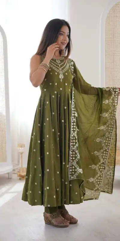 JF 038 Mehendi Roman Silk Gown with Embroidery Work. Wedding, Party, Festive, Events, Navratri, Exclusive Offer ₹2149. Delivery 4-6 Working Days. Shop now. | Bollywood Gowns, Creative Gowns, Designer Gowns, Embroidered Gowns, Gowns, Party Wear Gowns