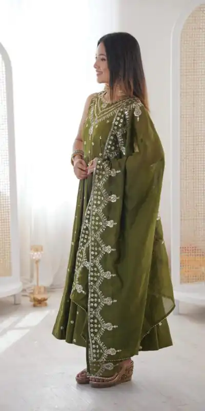 JF 038 Mehendi Roman Silk Gown with Embroidery Work. Wedding, Party, Festive, Events, Navratri, Exclusive Offer ₹2149. Delivery 4-6 Working Days. Shop now. | Bollywood Gowns, Creative Gowns, Designer Gowns, Embroidered Gowns, Gowns, Party Wear Gowns