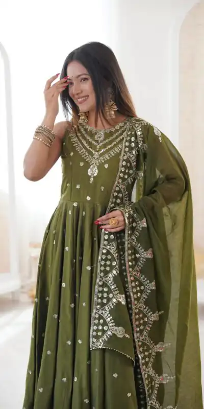 JF 038 Mehendi Roman Silk Gown with Embroidery Work. Wedding, Party, Festive, Events, Navratri, Exclusive Offer ₹2149. Delivery 4-6 Working Days. Shop now. | Bollywood Gowns, Creative Gowns, Designer Gowns, Embroidered Gowns, Gowns, Party Wear Gowns