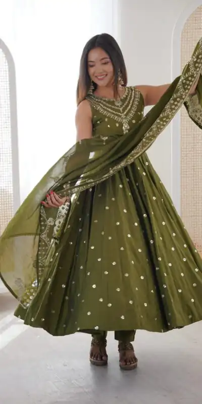 JF 038 Mehendi Roman Silk Gown with Embroidery Work. Wedding, Party, Festive, Events, Navratri, Exclusive Offer ₹2149. Delivery 4-6 Working Days. Shop now. | Bollywood Gowns, Creative Gowns, Designer Gowns, Embroidered Gowns, Gowns, Party Wear Gowns