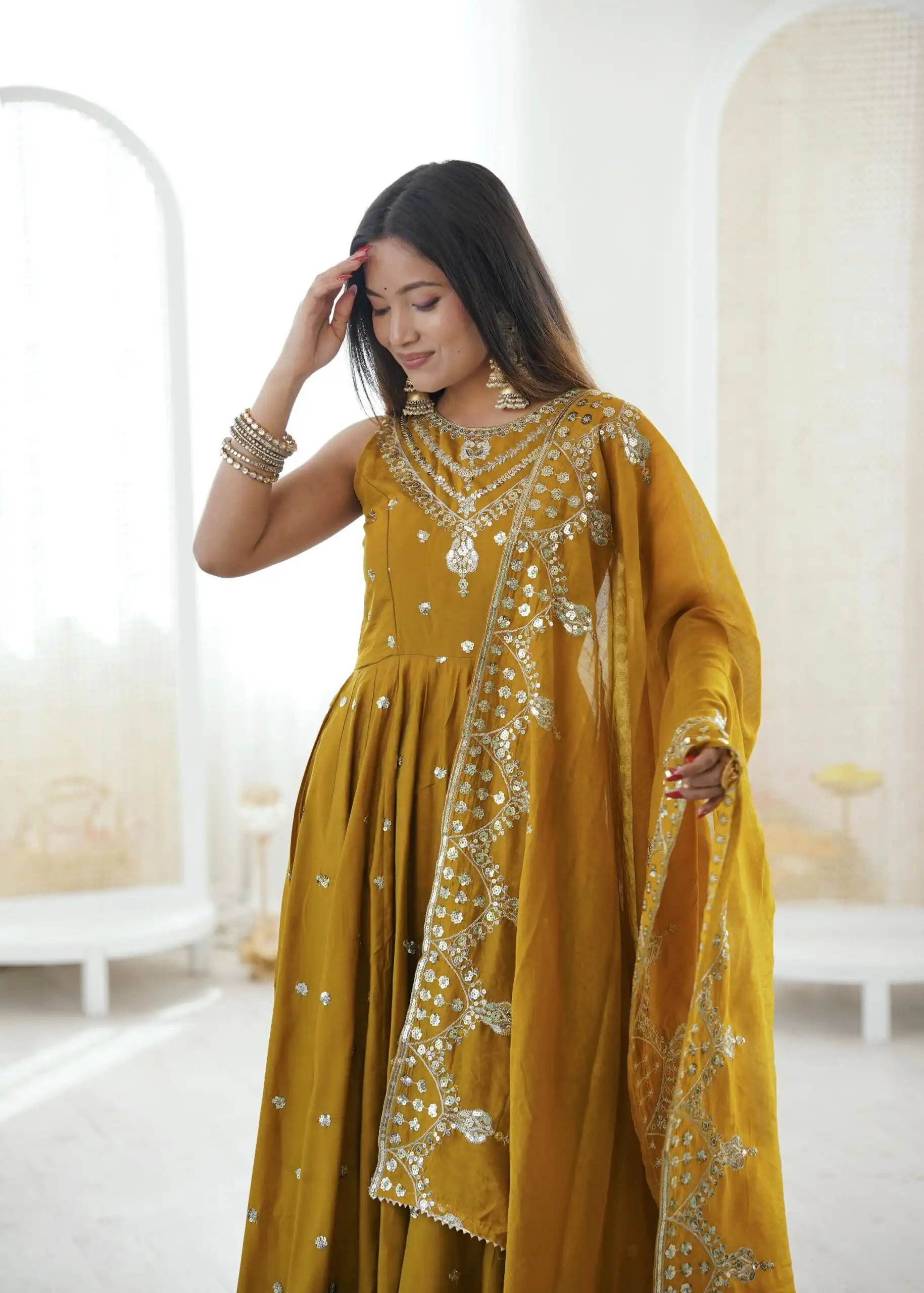 JF 038 Mustered Roman Silk Gown with Embroidery Work. Wedding, Party, Festive, Events, Navratri, Exclusive Offer ₹2149. Delivery 4-6 Working Days. Shop now. | Bollywood Gowns, Creative Gowns, Designer Gowns, Embroidered Gowns, Gowns, Party Wear Gowns