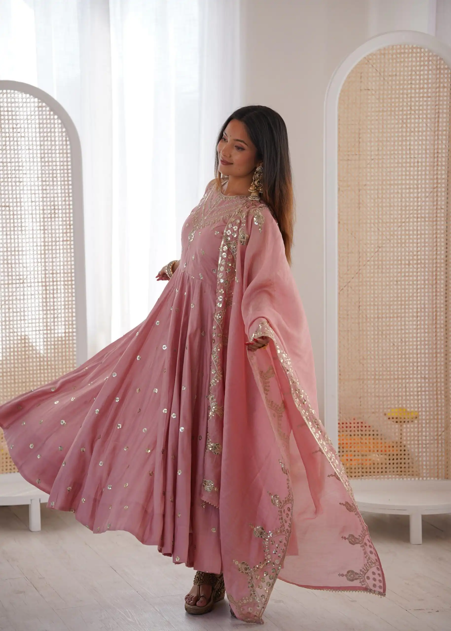 JF 038 Pink Roman Silk Gown with Embroidery Work. Wedding, Party, Festive, Events, Navratri, Exclusive Offer ₹2149. Delivery 4-6 Working Days. Shop now. | Bollywood Gowns, Creative Gowns, Designer Gowns, Embroidered Gowns, Gowns, Party Wear Gowns