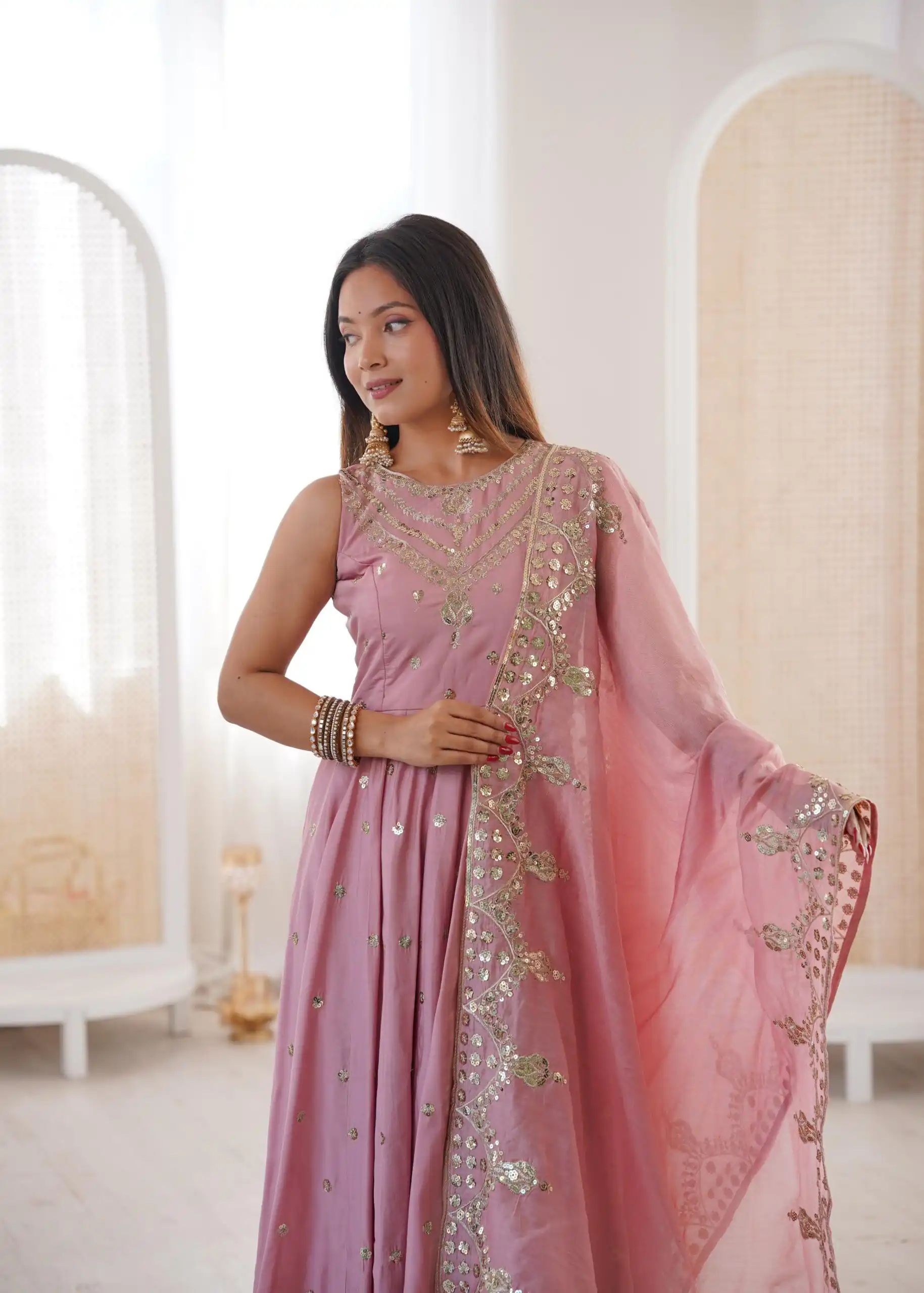 JF 038 Pink Roman Silk Gown with Embroidery Work. Wedding, Party, Festive, Events, Navratri, Exclusive Offer ₹2149. Delivery 4-6 Working Days. Shop now. | Bollywood Gowns, Creative Gowns, Designer Gowns, Embroidered Gowns, Gowns, Party Wear Gowns