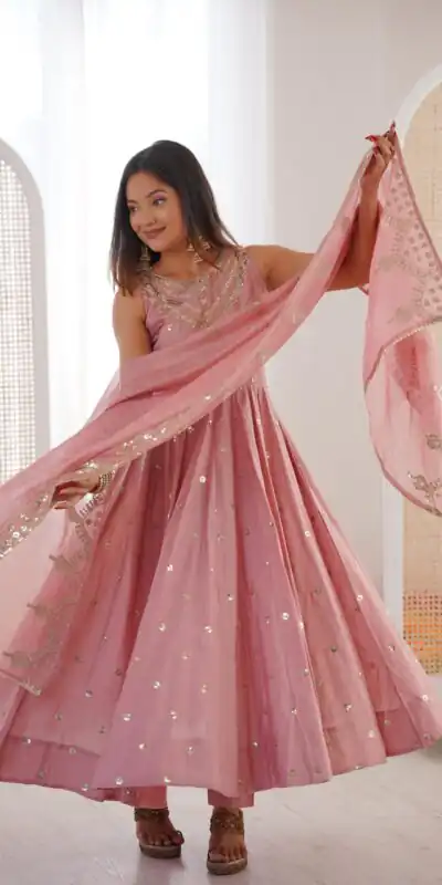 JF 038 Pink Roman Silk Gown with Embroidery Work. Wedding, Party, Festive, Events, Navratri, Exclusive Offer ₹2149. Delivery 4-6 Working Days. Shop now. | Bollywood Gowns, Creative Gowns, Designer Gowns, Embroidered Gowns, Gowns, Party Wear Gowns