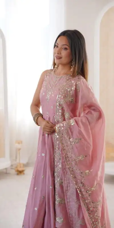 JF 038 Pink Roman Silk Gown with Embroidery Work. Wedding, Party, Festive, Events, Navratri, Exclusive Offer ₹2149. Delivery 4-6 Working Days. Shop now. | Bollywood Gowns, Creative Gowns, Designer Gowns, Embroidered Gowns, Gowns, Party Wear Gowns