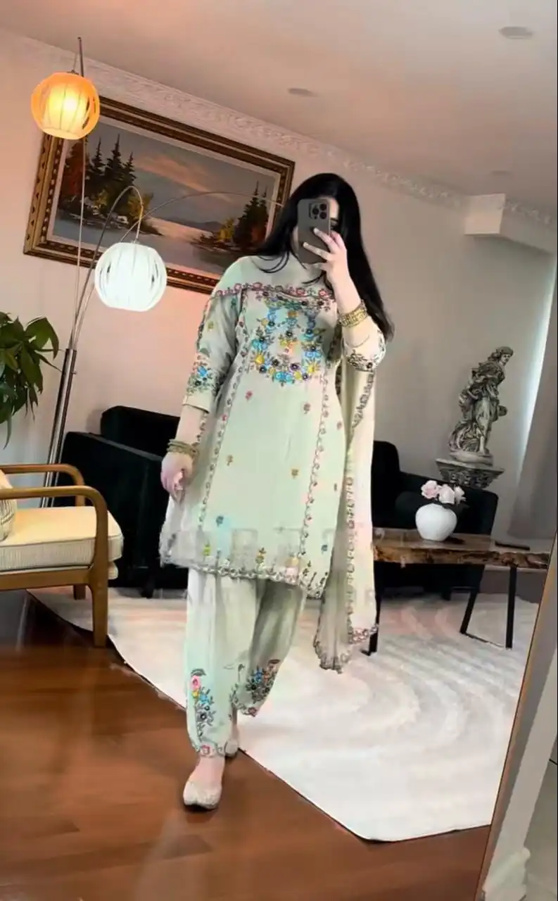 MD 3052 Pista Color Chinon Silk Salwar Suit with Embroidery Work. Online Get it for ₹2099. Delivery 4-6 Working Days. Shop now. | Jump Suits, Straight Suits, Casual Suits, Creative suits, Designer Suits, Palazzo Suits, Party Wear Suits, Patiala Suits, Salwar suit