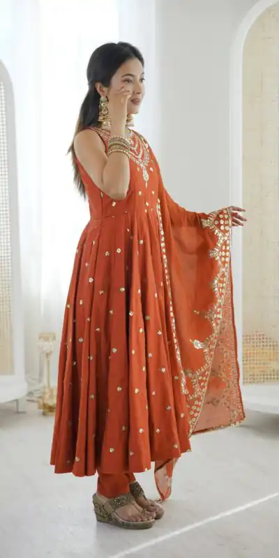 JF 038 Rust Roman Silk Gown with Embroidery Work. Wedding, Party, Festive, Events, Navratri, Exclusive Offer ₹2149. Delivery 4-6 Working Days. Shop now. | Bollywood Gowns, Creative Gowns, Designer Gowns, Embroidered Gowns, Gowns, Party Wear Gowns