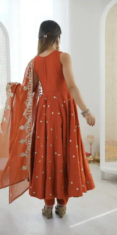 JF 038 Rust Roman Silk Gown with Embroidery Work. Wedding, Party, Festive, Events, Navratri, Exclusive Offer ₹2149. Delivery 4-6 Working Days. Shop now. | Bollywood Gowns, Creative Gowns, Designer Gowns, Embroidered Gowns, Gowns, Party Wear Gowns