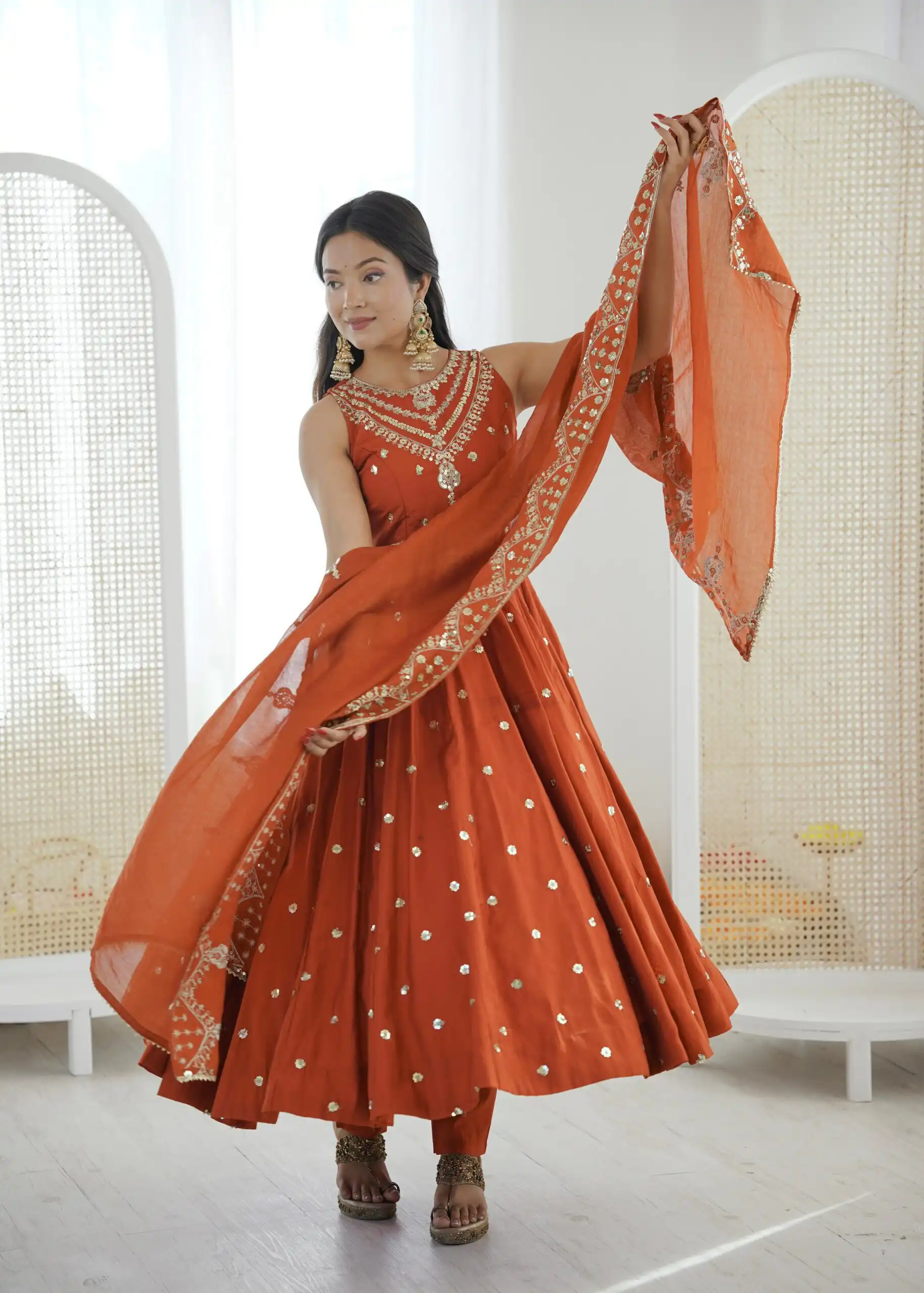 JF 038 Rust Roman Silk Gown with Embroidery Work. Wedding, Party, Festive, Events, Navratri, Exclusive Offer ₹2149. Delivery 4-6 Working Days. Shop now. | Bollywood Gowns, Creative Gowns, Designer Gowns, Embroidered Gowns, Gowns, Party Wear Gowns