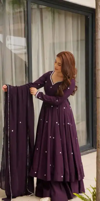 MD 3077 Dark Purple Roman Silk Anarkali Suit. Perfect for Wedding, Party, Lohri, Holi, Baisakhi – Festive Deal ₹2449. Delivery 4-6 Working Days. | Anarkali Suits, Bollywood Anarkali, Creative-Anarkali, Designer Anarkali, Embroidered Anarkali, Party Wear Anarkali