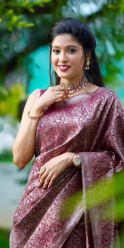 KPR 125 Wine Soft Lichi Silk Saree Perfect for Wedding, Party, Reception, Diwali, Ethnic Day – . Affordable Price ₹1299. Delivery 4-6 Working Days. | Bollywood Sarees, Creative Sarees, Designer Sarees, Embroidered Sarees, Ethnic Saree, Modern Digital sarees, Party Wear Sarees, Sarees
