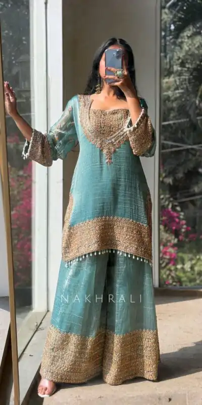 SR 1705 Firozi Fendy Silk Salwar Suit Perfect for Wedding, Party, Cultural Events, Sangeet, Housewarming – . Grab it for ₹2449. Delivery 4-6 Working Da | Jump Suits, Straight Suits, Casual Suits, Creative suits, Designer Suits, Palazzo Suits, Party Wear Suits, Patiala Suits, Salwar suit