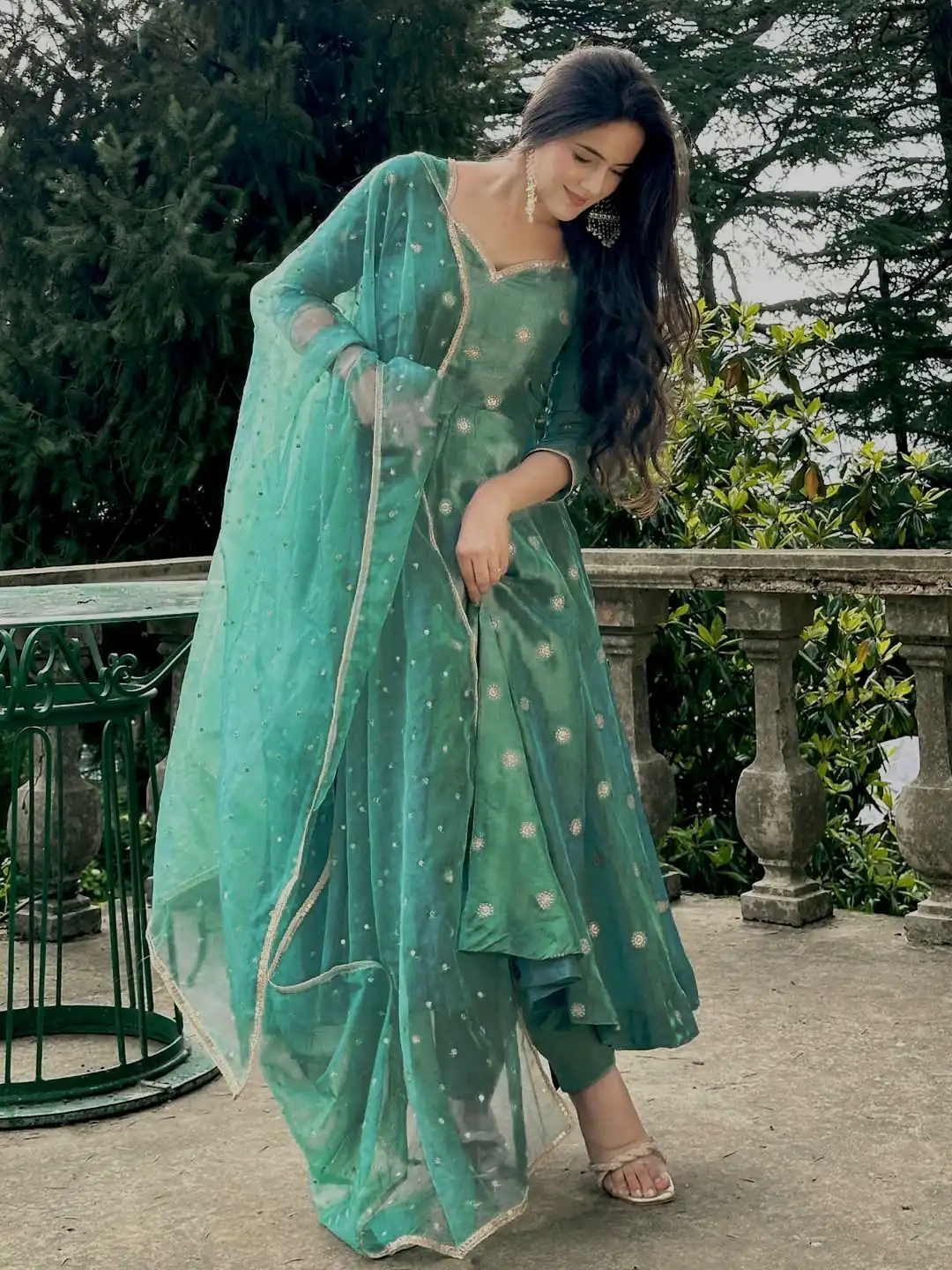 Firozi Simmar Silk Embroidery Work Anarkali Suit - Image 2