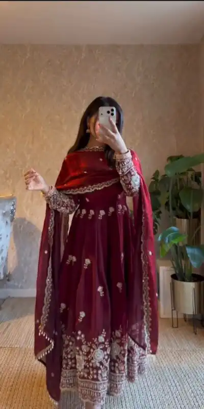 RTC 5985 Maroon Fendy Silk Salwar Suit with Mirror Work & Embroidery Work. Best Price ₹2499. Delivery 4-6 Working Days. Shop now. | Anarkali Suits, Bollywood Anarkali, Creative-Anarkali, Designer Anarkali, Embroidered Anarkali, Party Wear Anarkali