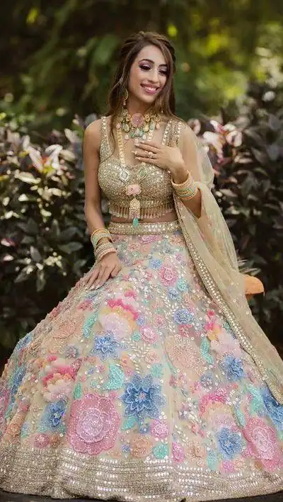 KF 1432 Cream | Color Georgette Lehenga Choli with Embroidery Work. Available at ₹3099 only. Delivery 4-6 Working Days. Shop now. | Bollywood Lehenga, Creative Lehenga, Designer Lehenga, Embroidered Lehenga, Lehenga, Party Wear Lehenga