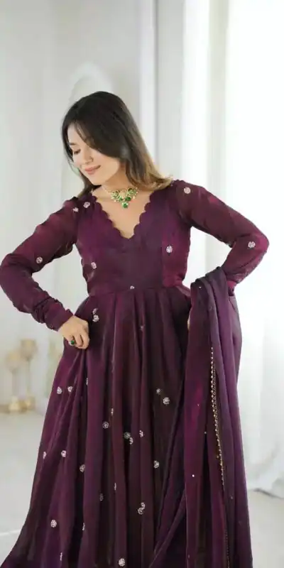 ZF 5019 Wine Crunchy Silk Gown with Embroidery Work. Wedding, Party, Festive, Events Best Price ₹2149. Delivery 4-6 Working Days. Shop now. | Bollywood Gowns, Creative Gowns, Designer Gowns, Embroidered Gowns, Gowns, Party Wear Gowns