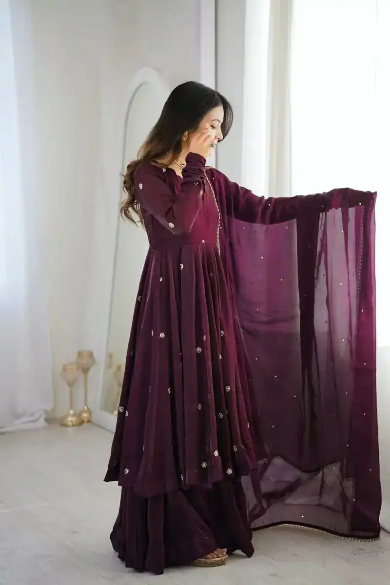 ZF 5019 Wine Crunchy Silk Gown with Embroidery Work. Wedding, Party, Festive, Events Best Price ₹2149. Delivery 4-6 Working Days. Shop now. | Bollywood Gowns, Creative Gowns, Designer Gowns, Embroidered Gowns, Gowns, Party Wear Gowns