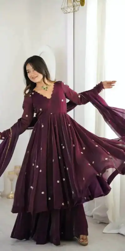 ZF 5019 Wine Crunchy Silk Gown with Embroidery Work. Wedding, Party, Festive, Events Best Price ₹2149. Delivery 4-6 Working Days. Shop now. | Bollywood Gowns, Creative Gowns, Designer Gowns, Embroidered Gowns, Gowns, Party Wear Gowns