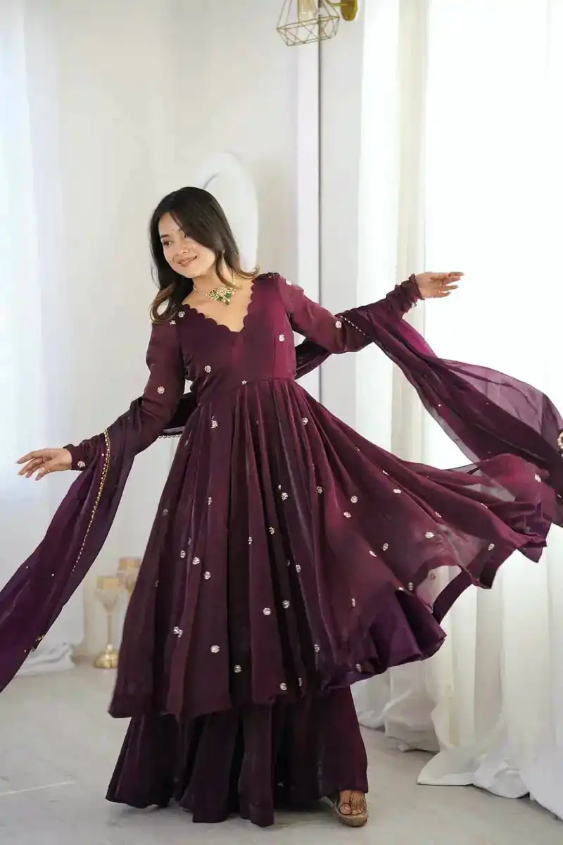 ZF 5019 Wine Crunchy Silk Gown with Embroidery Work. Wedding, Party, Festive, Events Best Price ₹2149. Delivery 4-6 Working Days. Shop now. | Bollywood Gowns, Creative Gowns, Designer Gowns, Embroidered Gowns, Gowns, Party Wear Gowns