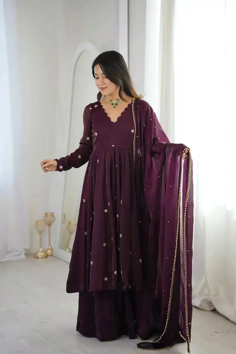 ZF 5019 Wine Crunchy Silk Gown with Embroidery Work. Wedding, Party, Festive, Events Best Price ₹2149. Delivery 4-6 Working Days. Shop now. | Bollywood Gowns, Creative Gowns, Designer Gowns, Embroidered Gowns, Gowns, Party Wear Gowns