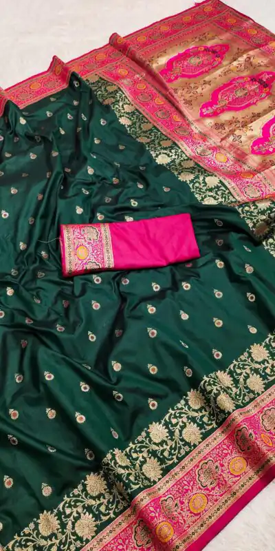 MB 3315 Green Color Banarasi Silk Gold Zari Border Saree . Wedding, Party, Festive, Available at ₹2049 only. Delivery 4-6 Working Days. Shop now. | Bollywood Sarees, Creative Sarees, Designer Sarees, Embroidered Sarees, Ethnic Saree, Modern Digital sarees, Party Wear Sarees, Sarees