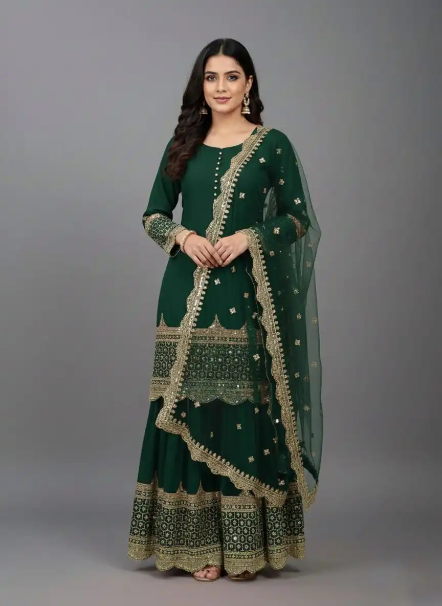 ZF 250 Green Color Faux Georgette Embroidery Sequence Work Sharara Suit Wedding, Party, Festive, Events Etc. Expected Delivery 4-6 Working Days @2099/- | Jump Suits, Straight Suits, Casual Suits, Creative suits, Designer Suits, Palazzo Suits, Party Wear Suits, Patiala Suits, Salwar suit
