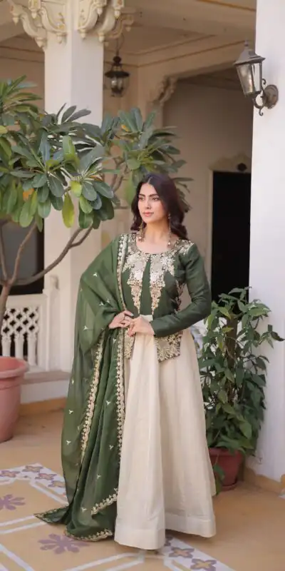 KA 1231 Green in Glass Roman Sequins Work & Embroidery Work Gown . Affordable Price ₹2399. Delivery 4-6 Working Days. Shop now. | Bollywood Gowns, Creative Gowns, Designer Gowns, Embroidered Gowns, Gowns, Party Wear Gowns