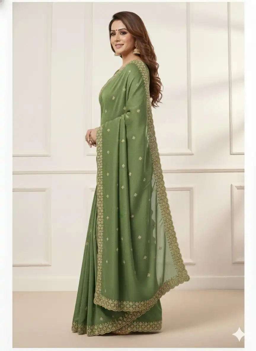 Green Star Georgette Embroidery Work Saree - Image 3
