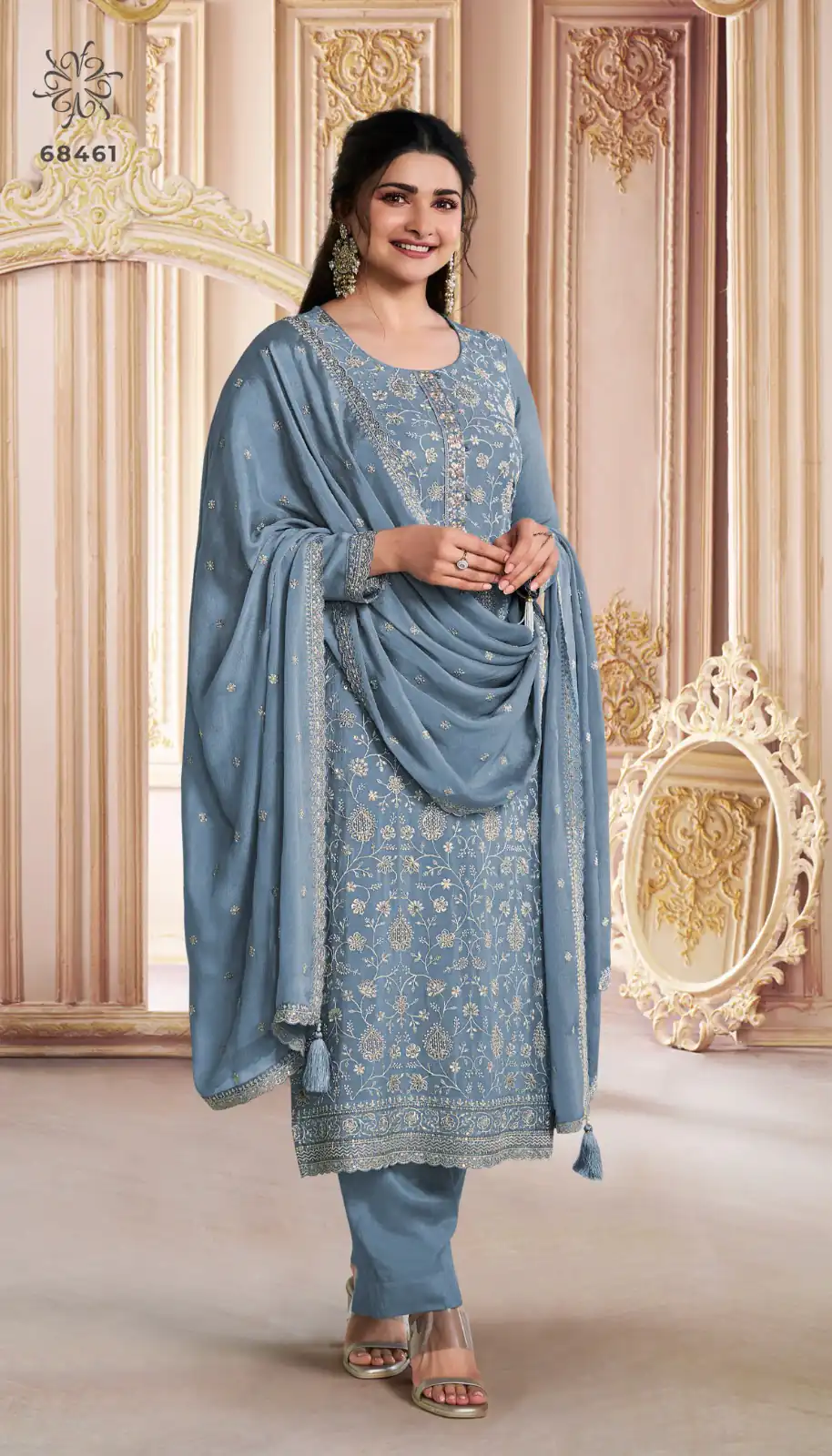 Grey Chinon Zari Embroidery Work Salwar Suit