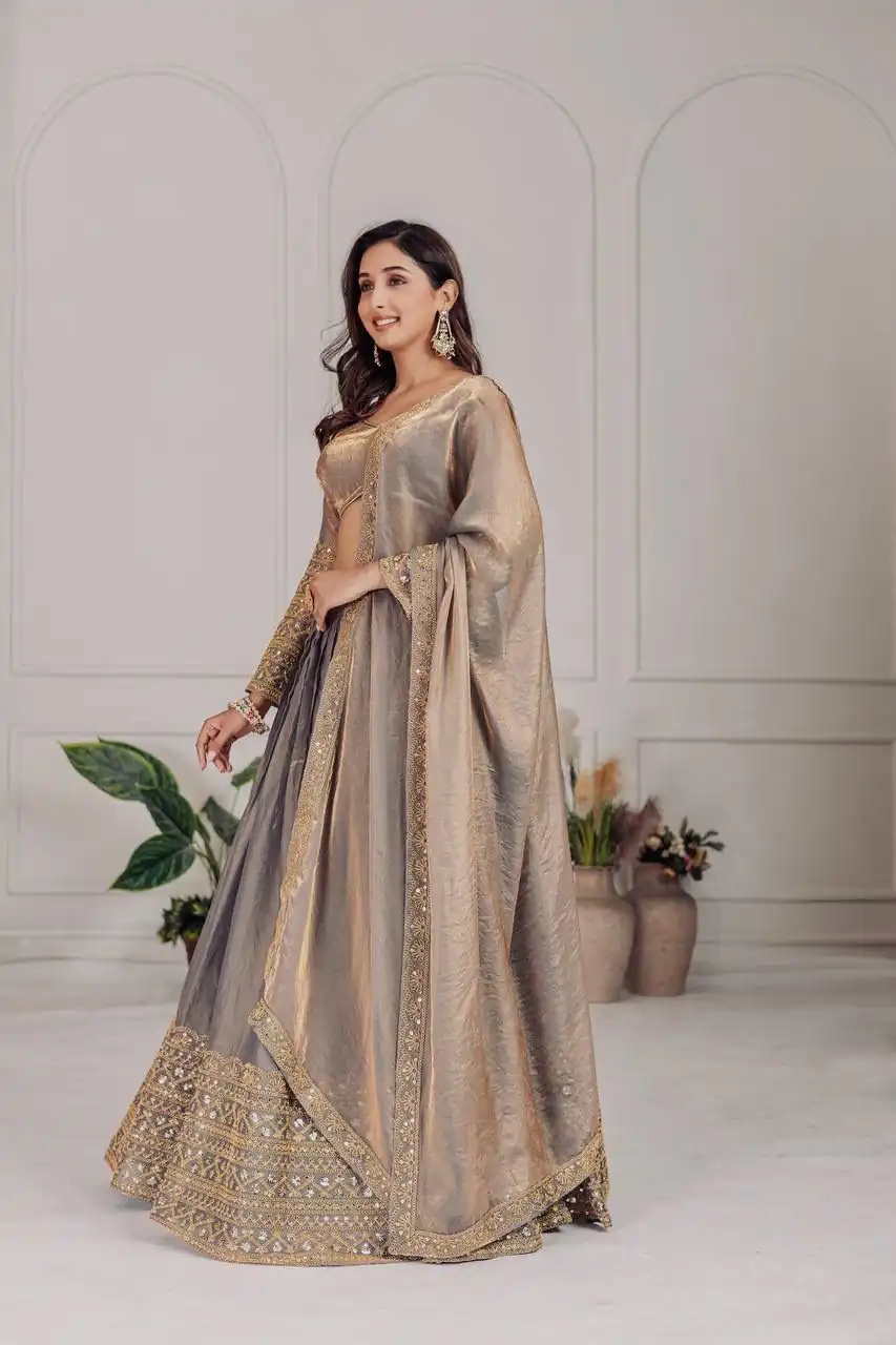 MT 1039 Grey Fendi Chiffon Lehenga Choli with Zari Work & Embroidery Work. Introductory Price ₹2599. Delivery 4-6 Working Days. Shop now. | Bollywood Lehenga, Creative Lehenga, Designer Lehenga, Embroidered Lehenga, Lehenga, Party Wear Lehenga