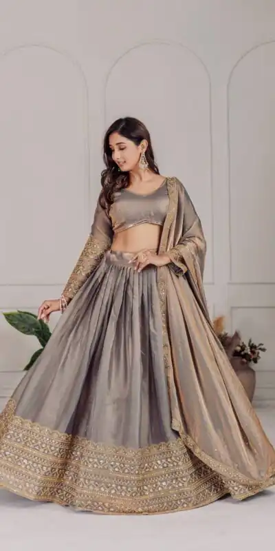 MT 1039 Grey Fendi Chiffon Lehenga Choli with Zari Work & Embroidery Work. Introductory Price ₹2599. Delivery 4-6 Working Days. Shop now. | Bollywood Lehenga, Creative Lehenga, Designer Lehenga, Embroidered Lehenga, Lehenga, Party Wear Lehenga