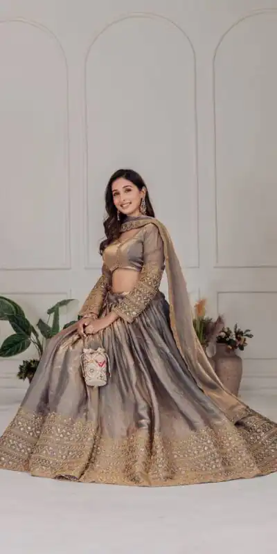 MT 1039 Grey Fendi Chiffon Lehenga Choli with Zari Work & Embroidery Work. Introductory Price ₹2599. Delivery 4-6 Working Days. Shop now. | Bollywood Lehenga, Creative Lehenga, Designer Lehenga, Embroidered Lehenga, Lehenga, Party Wear Lehenga