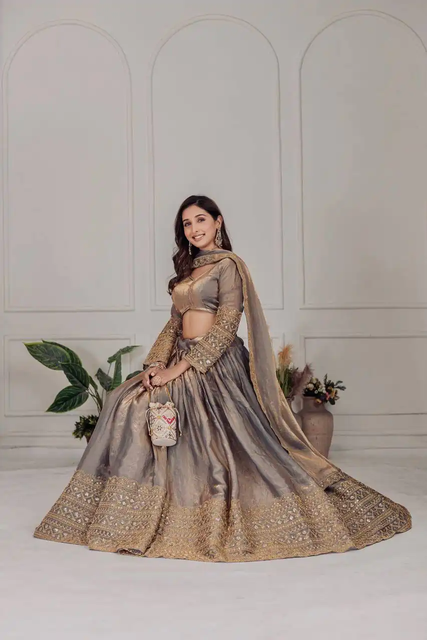 MT 1039 Grey Fendi Chiffon Lehenga Choli with Zari Work & Embroidery Work. Introductory Price ₹2599. Delivery 4-6 Working Days. Shop now. | Bollywood Lehenga, Creative Lehenga, Designer Lehenga, Embroidered Lehenga, Lehenga, Party Wear Lehenga