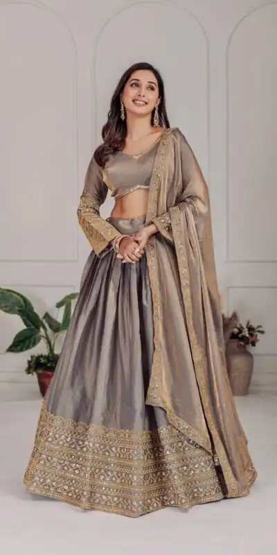 MT 1039 Grey Fendi Chiffon Lehenga Choli with Zari Work & Embroidery Work. Introductory Price ₹2599. Delivery 4-6 Working Days. Shop now. | Bollywood Lehenga, Creative Lehenga, Designer Lehenga, Embroidered Lehenga, Lehenga, Party Wear Lehenga