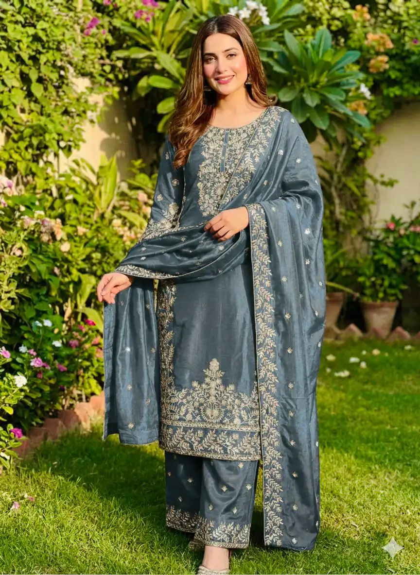 SRK 5316 Grey Organza Silk Salwar Suit Perfect for Wedding, Party, Makar Sankranti, Eid, Durga Puja – . Affordable Price ₹2149. Delivery 4-6 Workin | Jump Suits, Straight Suits, Casual Suits, Creative suits, Designer Suits, Palazzo Suits, Party Wear Suits, Patiala Suits, Salwar suit