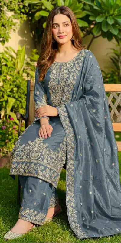 SRK 5316 Grey Organza Silk Salwar Suit Perfect for Wedding, Party, Makar Sankranti, Eid, Durga Puja – . Affordable Price ₹2149. Delivery 4-6 Workin | Jump Suits, Straight Suits, Casual Suits, Creative suits, Designer Suits, Palazzo Suits, Party Wear Suits, Patiala Suits, Salwar suit